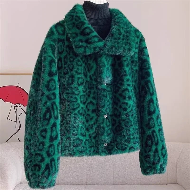Leopard Print Fur Coat Women 2026 Autumn Winter Fashion Short Mink Jacket Thickened Warm Outerwear W1982
