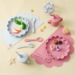 4Pcs Baby Silicone Feeding Set Round Dining Plate Sucker Bowl Dishes For Kids Straw Cup Placemat Spoon Children's Tableware