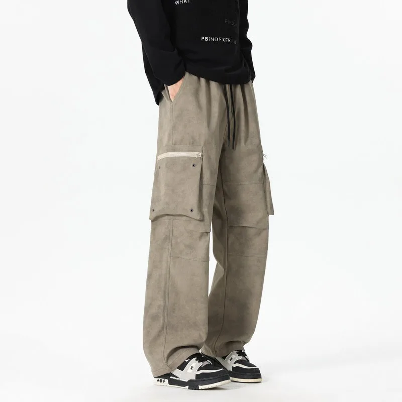 Pantalones elásticos de cintura alta con bolsillo para hombre, ropa de trabajo informal americana, a la moda y versátil, pantalones de pierna ancha para primavera y otoño