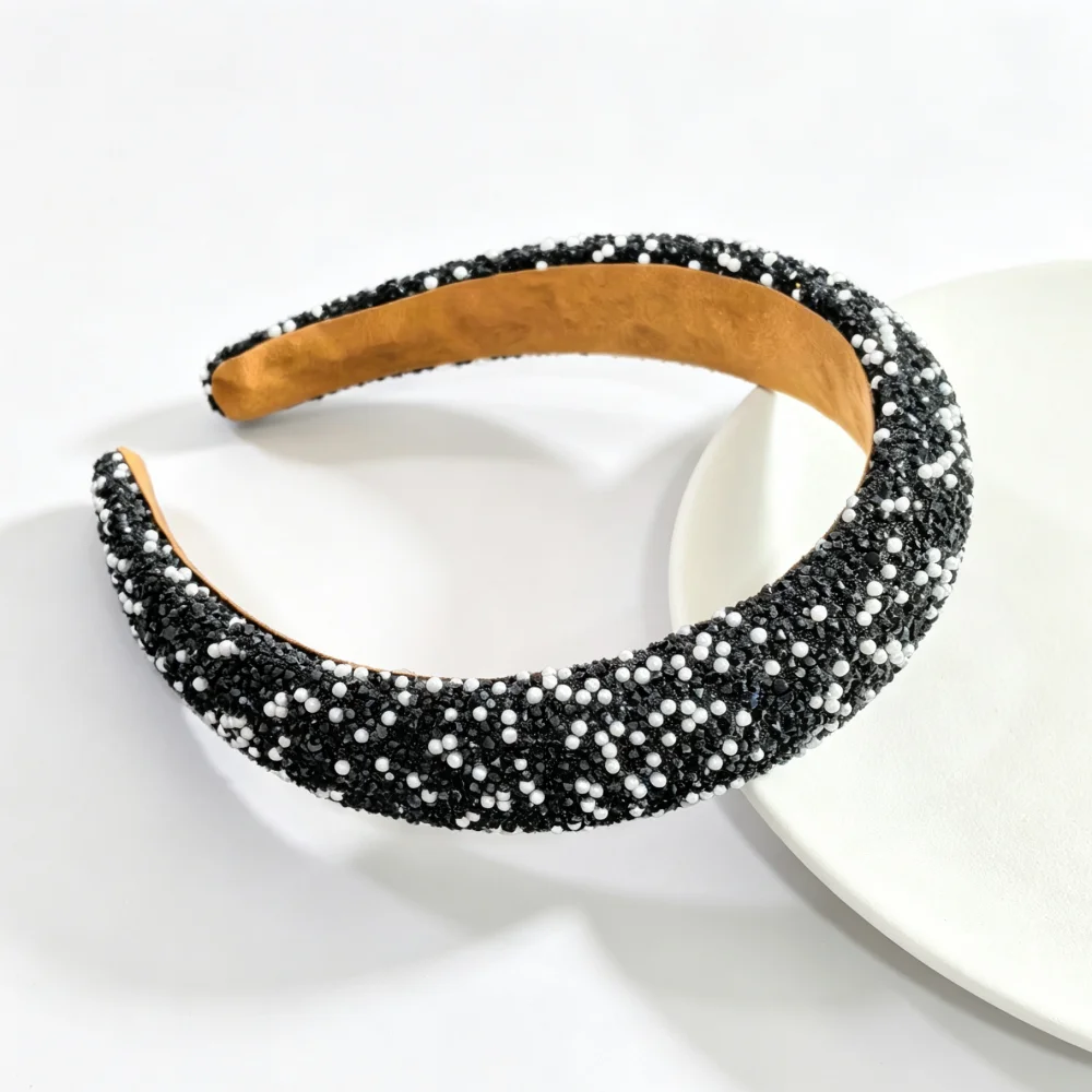 Glitzerndes Perlen-Schwamm-Haarband, gepolsterte breite Stirnbänder für Frauen, funkelnder Kristall-Haarreif, elegante Haaraccessoires für Hochzeiten und Partys. – Detail 1