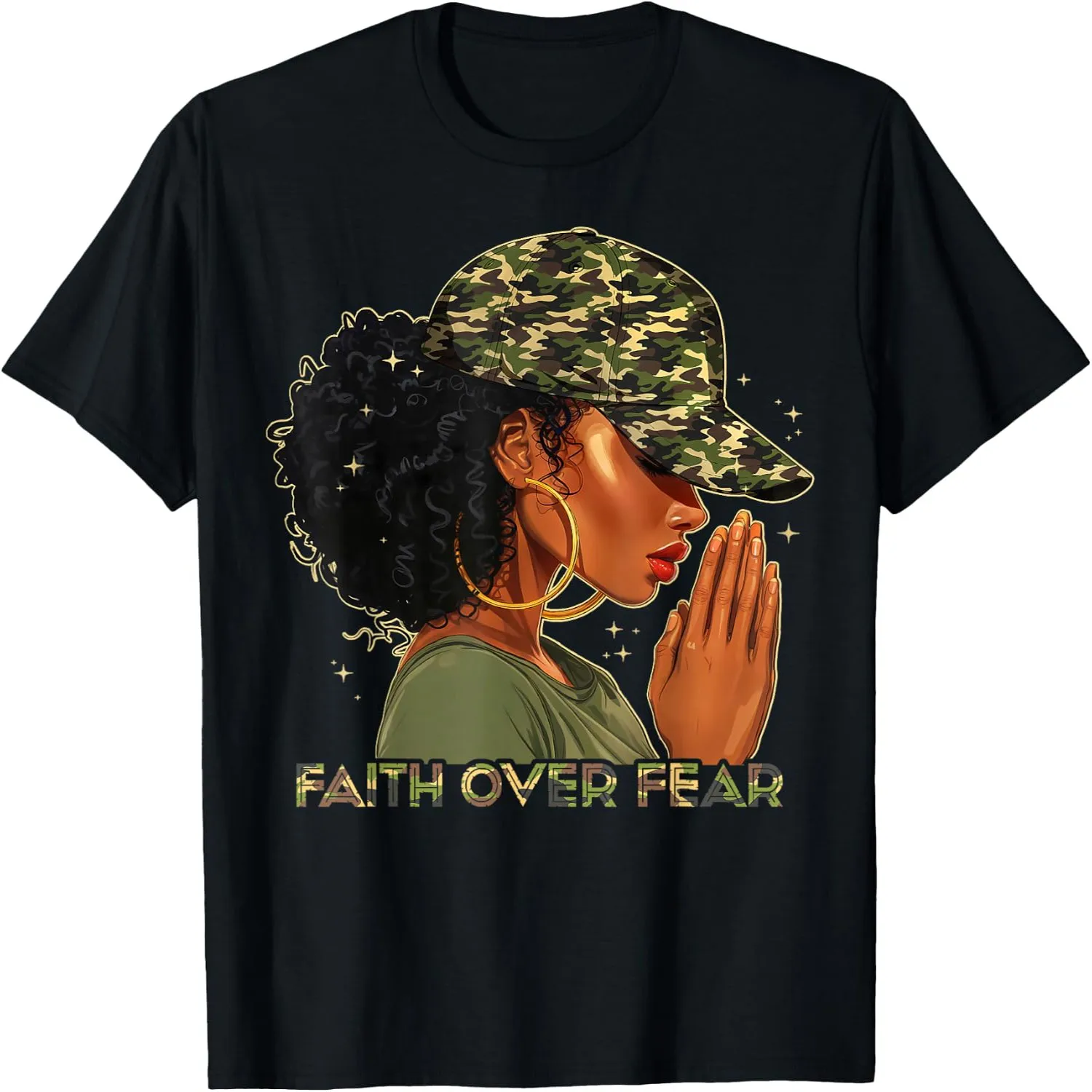 Faith Over Fear Christians Camo African American Afro Woman T-Shirt Cotton t-shirt, Vintage t-shirt,