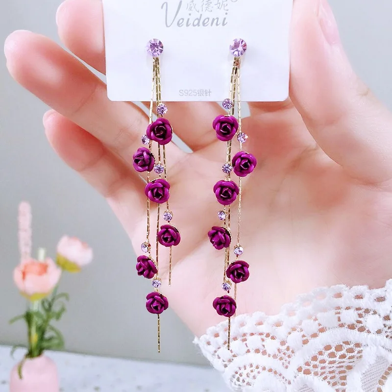 Red Rose Flower Earrings for Women Shiny Rhinestone Long Tassel Asymmetry Earring Girls Wedding Party Jewelry Gift 2023 New