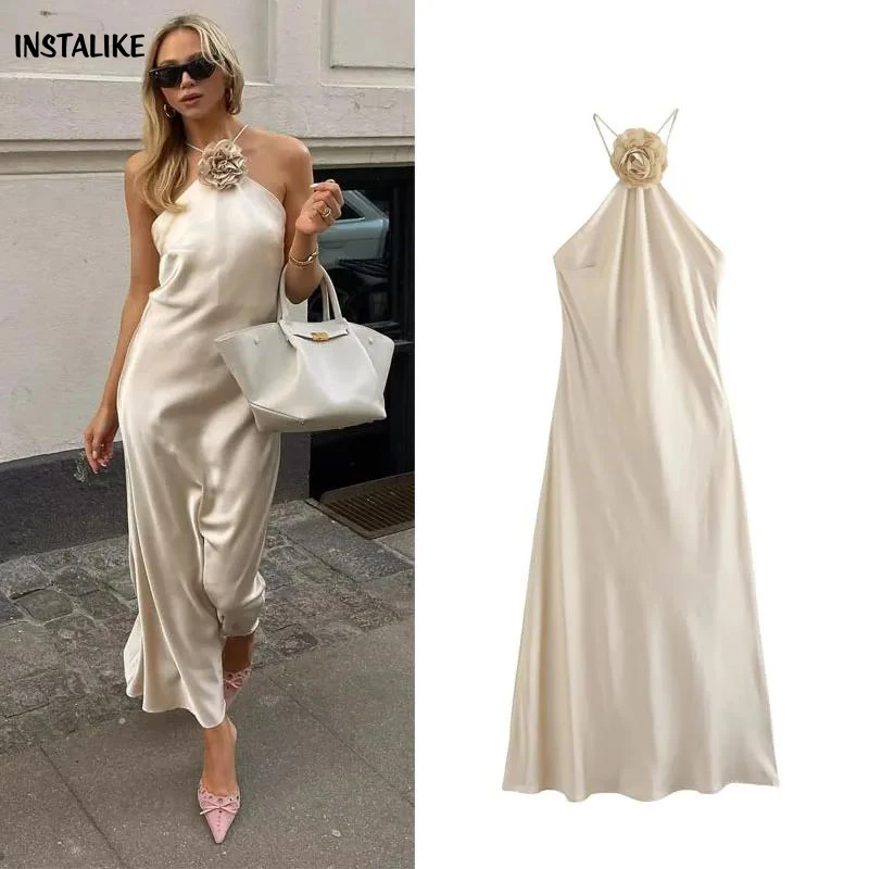 

InstLike-Satin Flower Halter Dress for Women, Off Shoulder, Ankle Long Dress, Luxury Backless, Sexy Evening Party, Summer