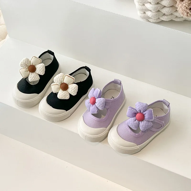 Girls Canvas Shoes Cute Flower Comfortable Casual Shoes Fashion Soft Sole Non-slip Sneakers Toddler Shallow Girls Princess Shoes