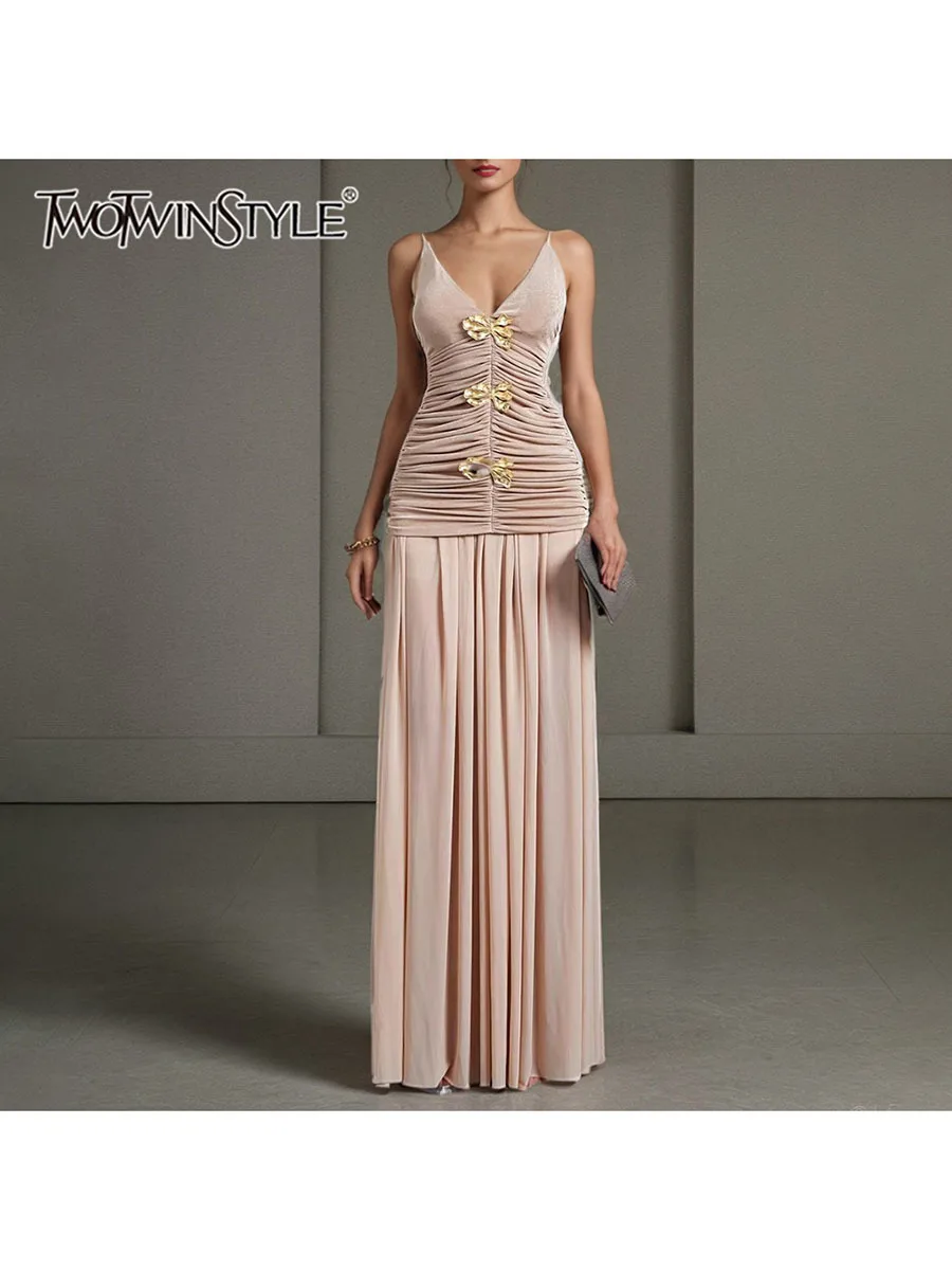 

TWOTWINSTYL Solid Two Piece Set For Women V Neck Sleeveless Top High Waist Temperament Skirt Loose Elegant Sets Female Clothes