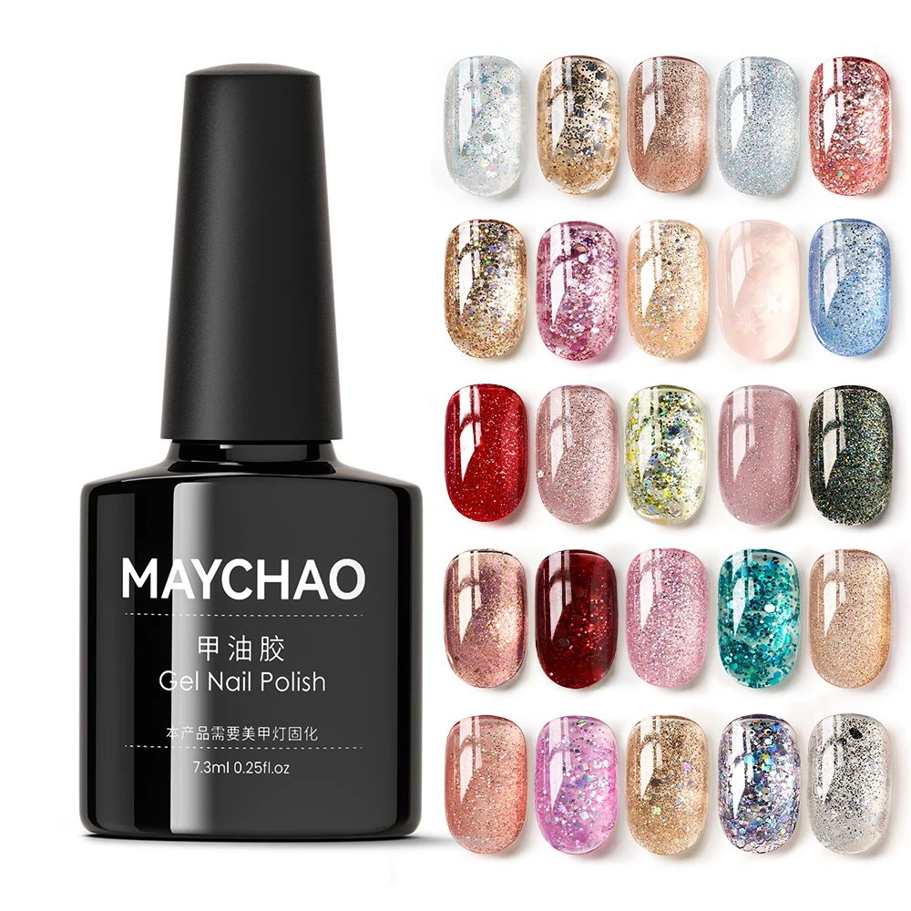 

MAYCHAO Glitter Gel Nail Polish 7.3ml Semi-permanent Sequins Shiny Gel Base Top Coat Soak Off UV LED Varnish Nail Art Decoration