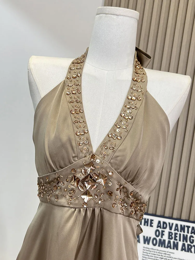 New Design One-Piece Frocks Chocolate Party Robe Women Luxury Diamonds A-Line Dresses Off Shoulder Office Lady Formal Occasion