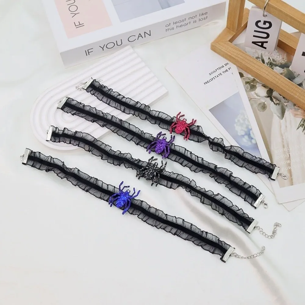 Fashion Black Halloween Headband Ruffles Hollow Hairband Necklace Set Cosplay Props Mesh Spider Web Hairband Festival