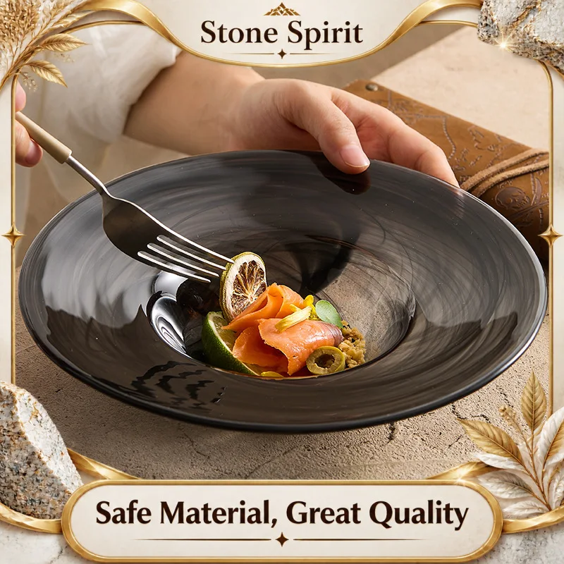 Ink Patterned Glass Plate, Wide Edged Straw Hat Plate, Tableware, Fruit Plate, Household Salad Bowl, Soup Bowl, Kitchen Utensils