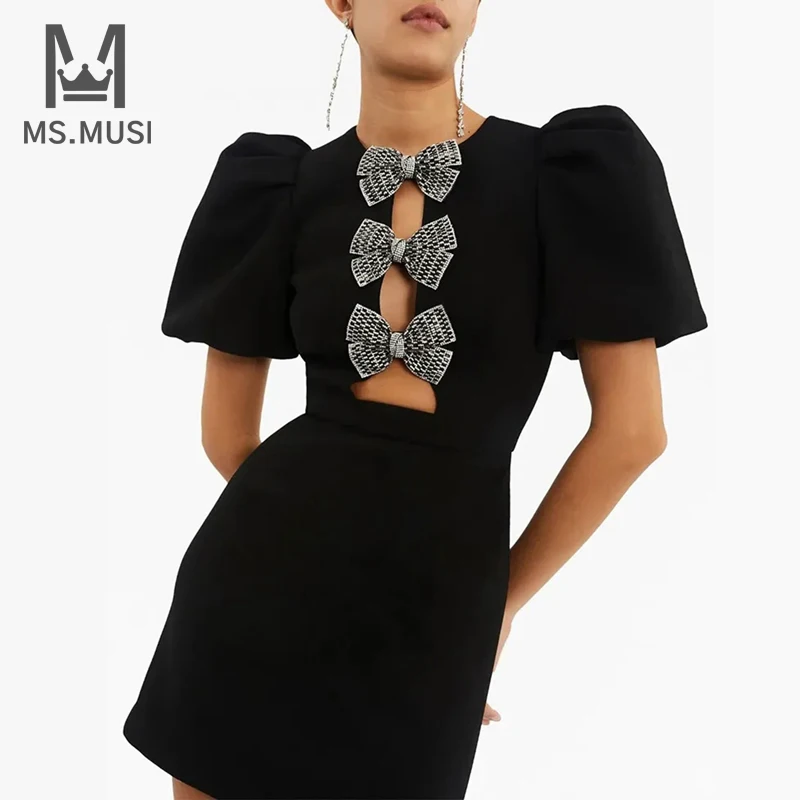 

MSMUSI 2024 New Fashion Women Sexy Short Sleeve Round Neck Diamond Bow Hollow Bandage Party Club Celebrity Mini Dress Vestidos