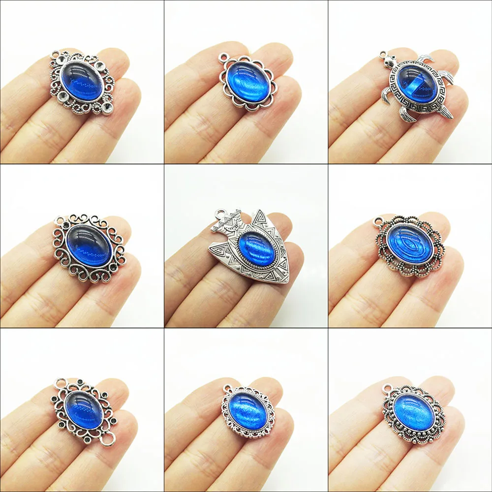 Flower Oval Shield Animal Charms Blue Glaze Tibetan Silver Plated Connectors Retro