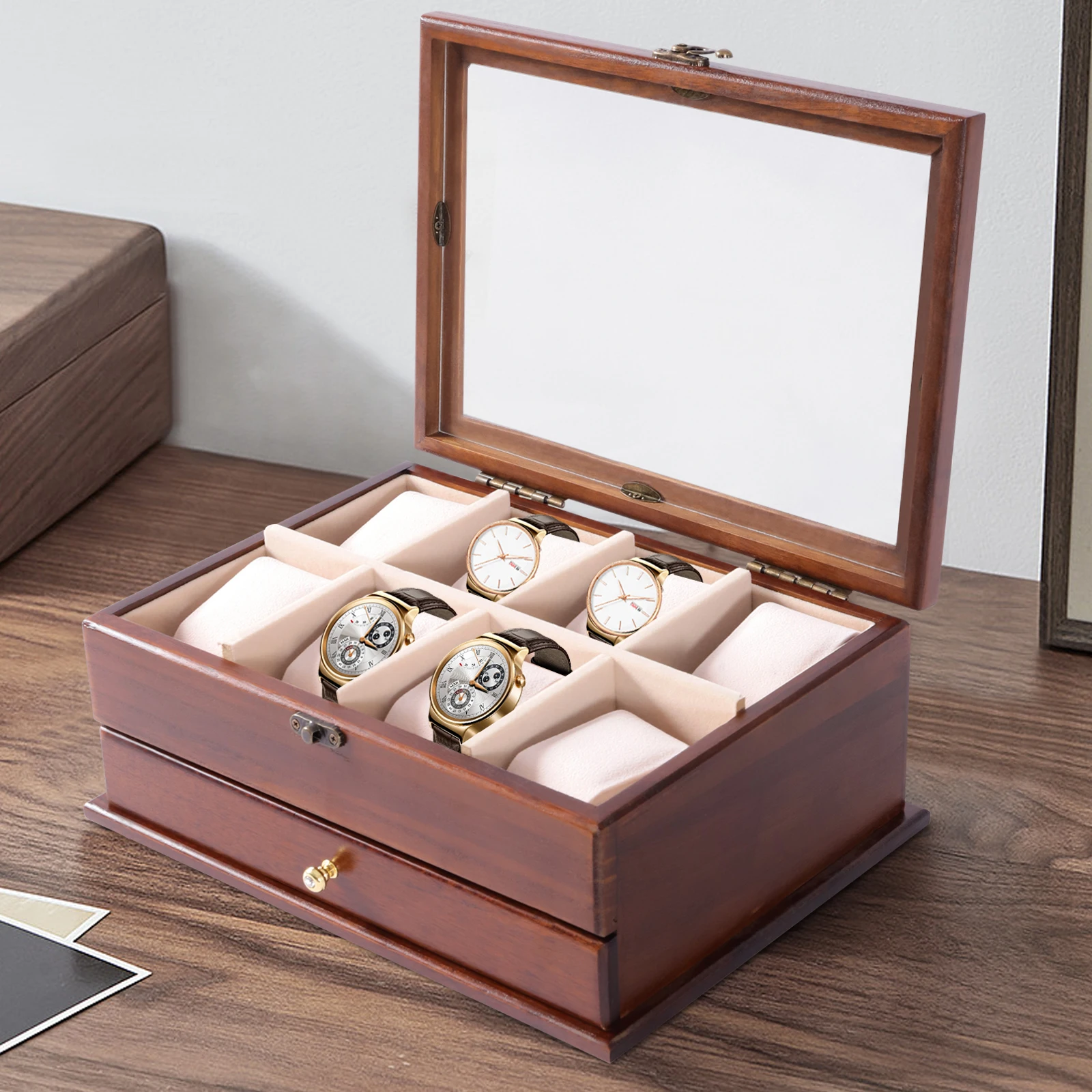 

2-Layer 8-Slot Watch Storage Box Display Case, Vintage Brown Solid Wood Watch Box, Watch Case with Pillows, with Locking Latch