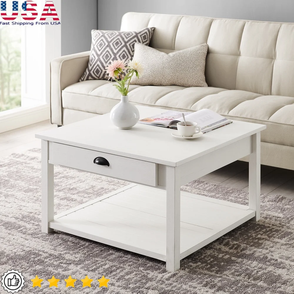 30 Inch Square Coffee Table with 2 Drawers Open Shelf Rustic Handles MDF Wood Durable Laminate Modern Farmhouse Indoor Storage