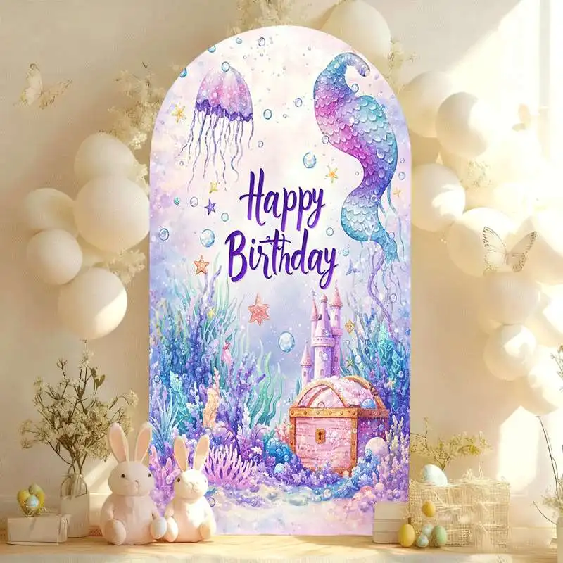 Mocsicka Mermaid Happy Birthday Party Arch Cover Backdrop Underwater Sea Jellyfish Background Kids Baby Shower Photozone Studio