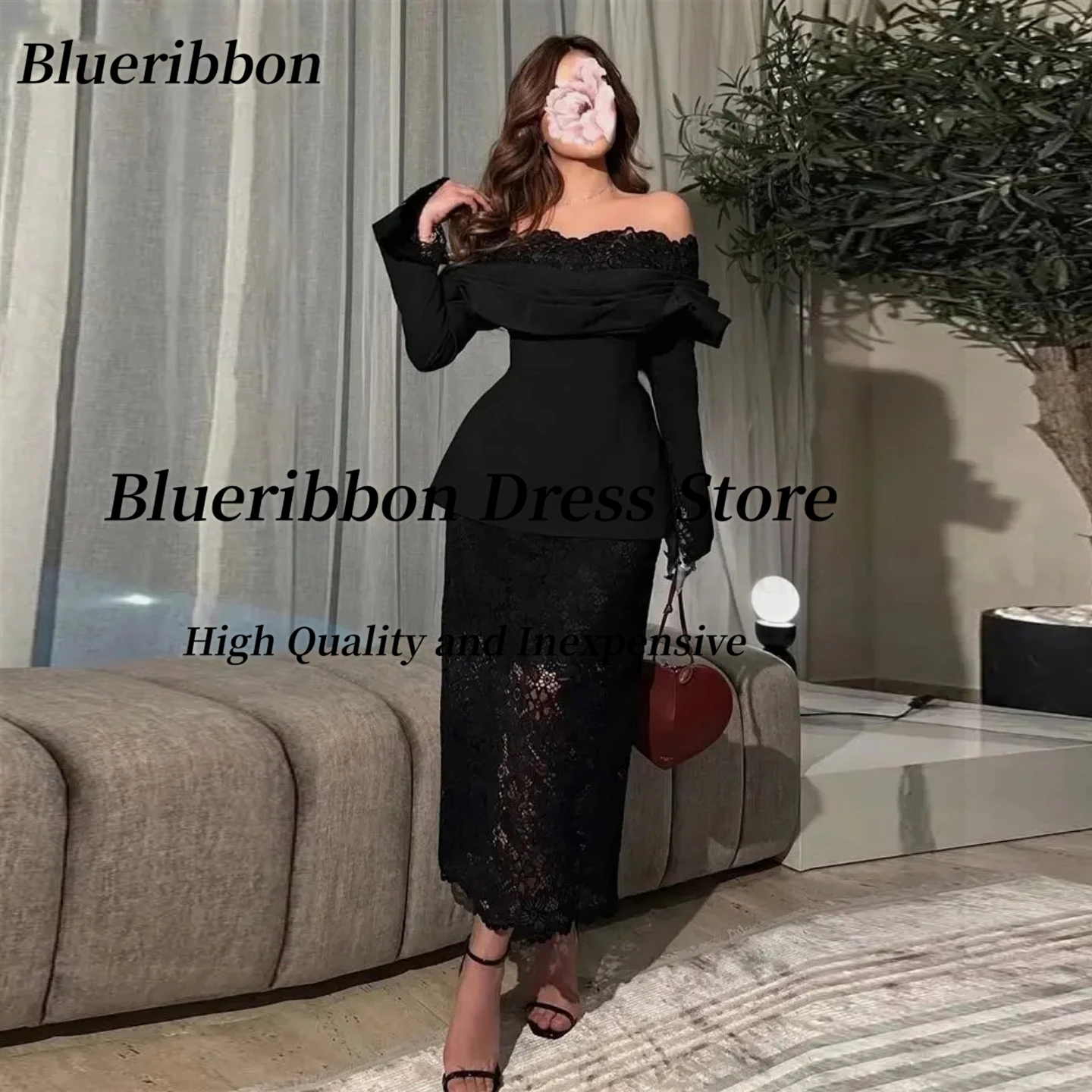 Blueribbon Black Long Sleeves Evening Dresses Bateau Neck Elegant Saudi Women Wear Prom Dress Contrast Fabric Formal Party Gowns