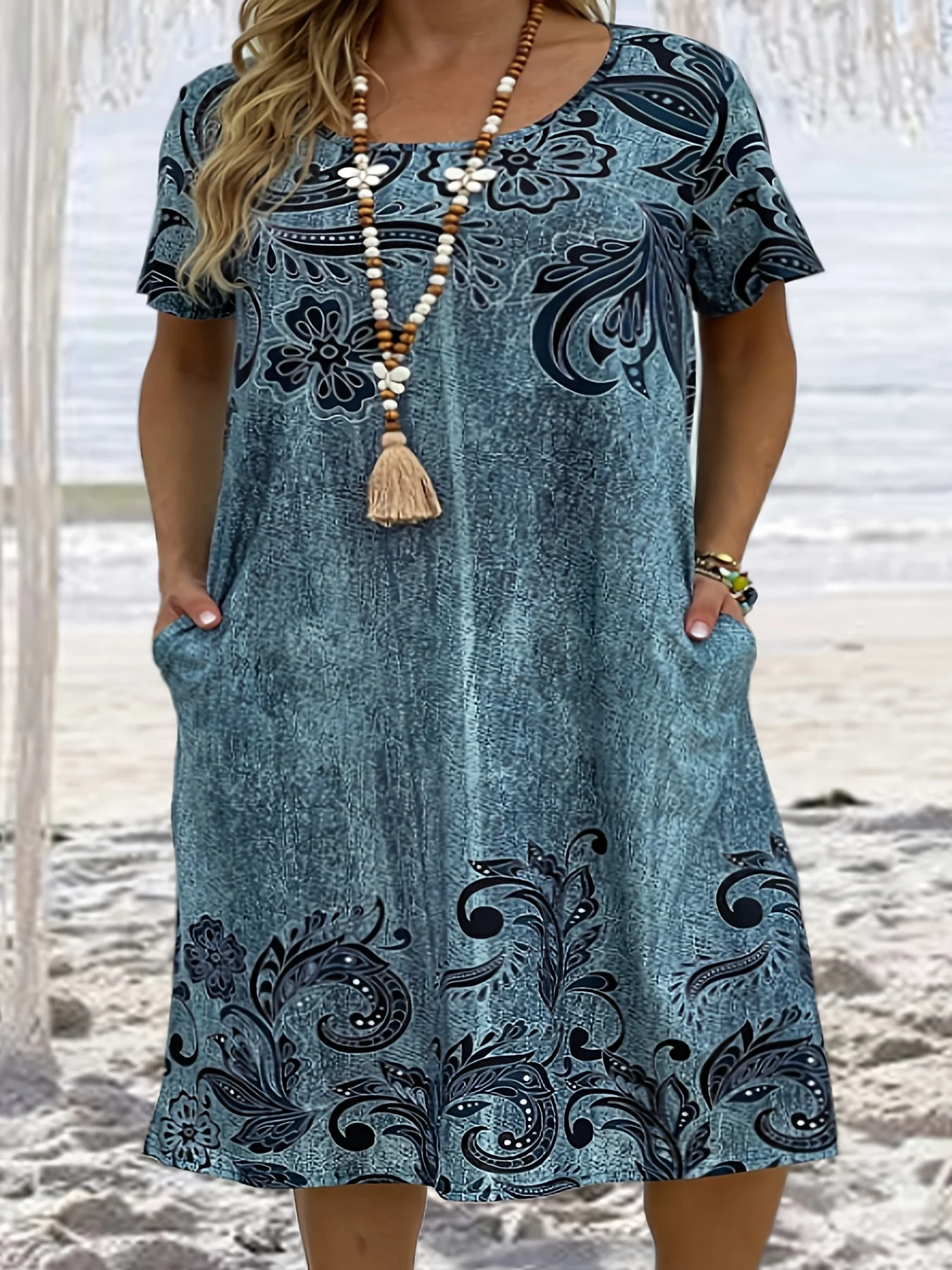 Plus Size sukienka Boho, damski Plus kwiatowy nadruk krótki rękaw z okrągłym dekoltem, lekka rozciągliwa sukienka z kieszeniami