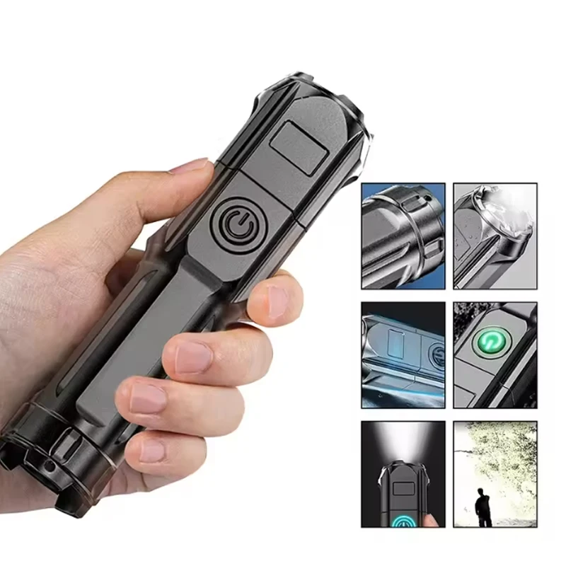 Bright LED Flashlight Retractable Zoom Tactical Flashlight USB Mini Handheld Portable Spotlight Long Distance Camping Gear