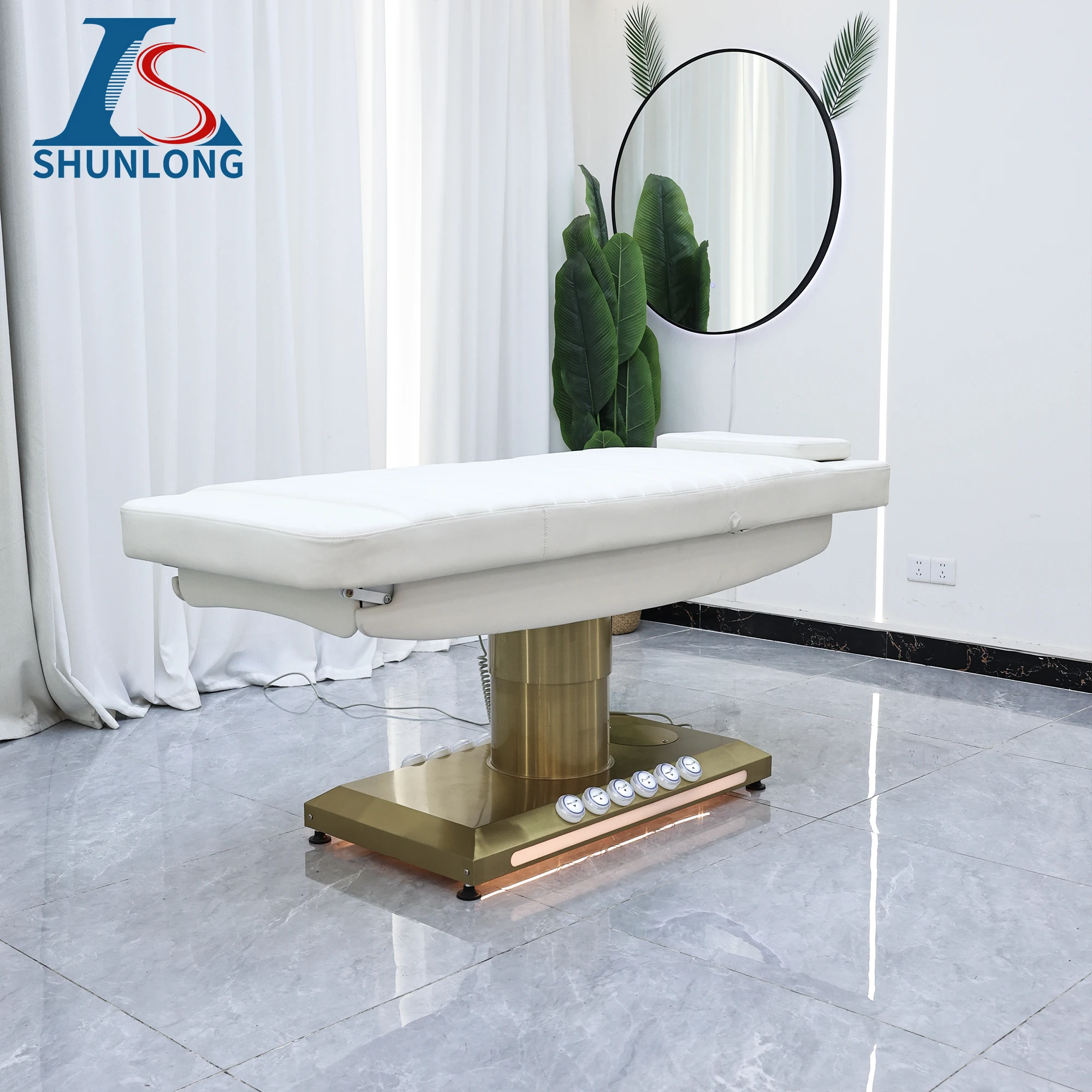 Electric Facial Massage Bed White PU Single Gold Cylinder Lift Golden Metal Base LED Ambient Light Reclining Beauty Table for Sp