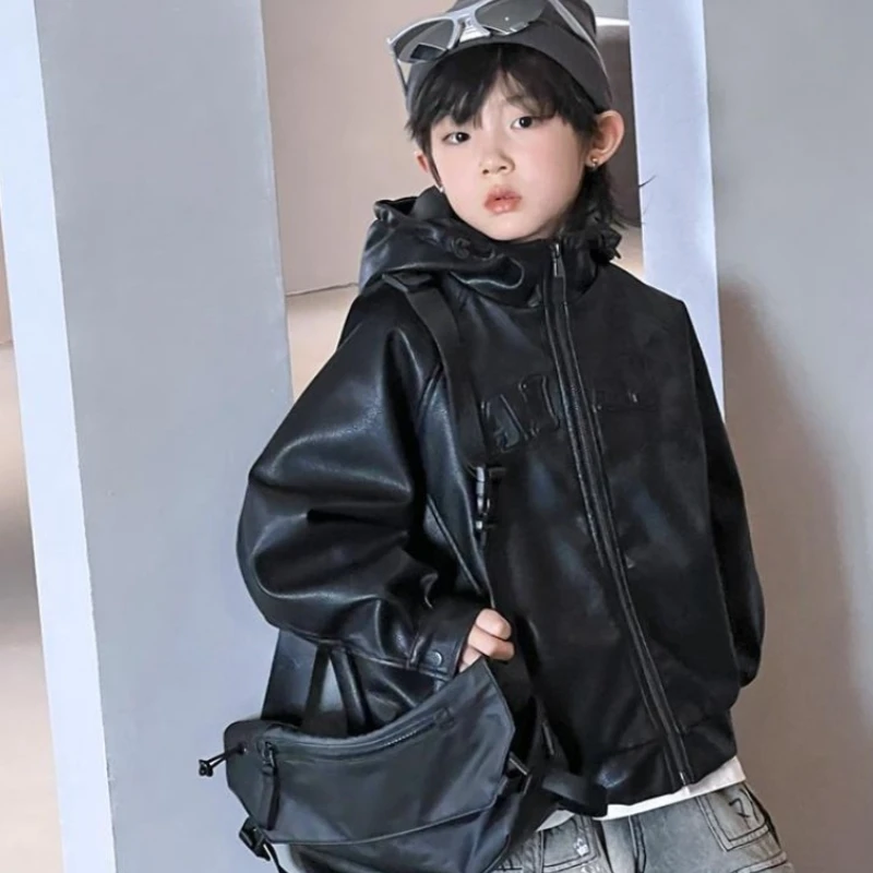 Boys leather jacket spring autumn 2025 new kids stylish hooded loose coat trendy