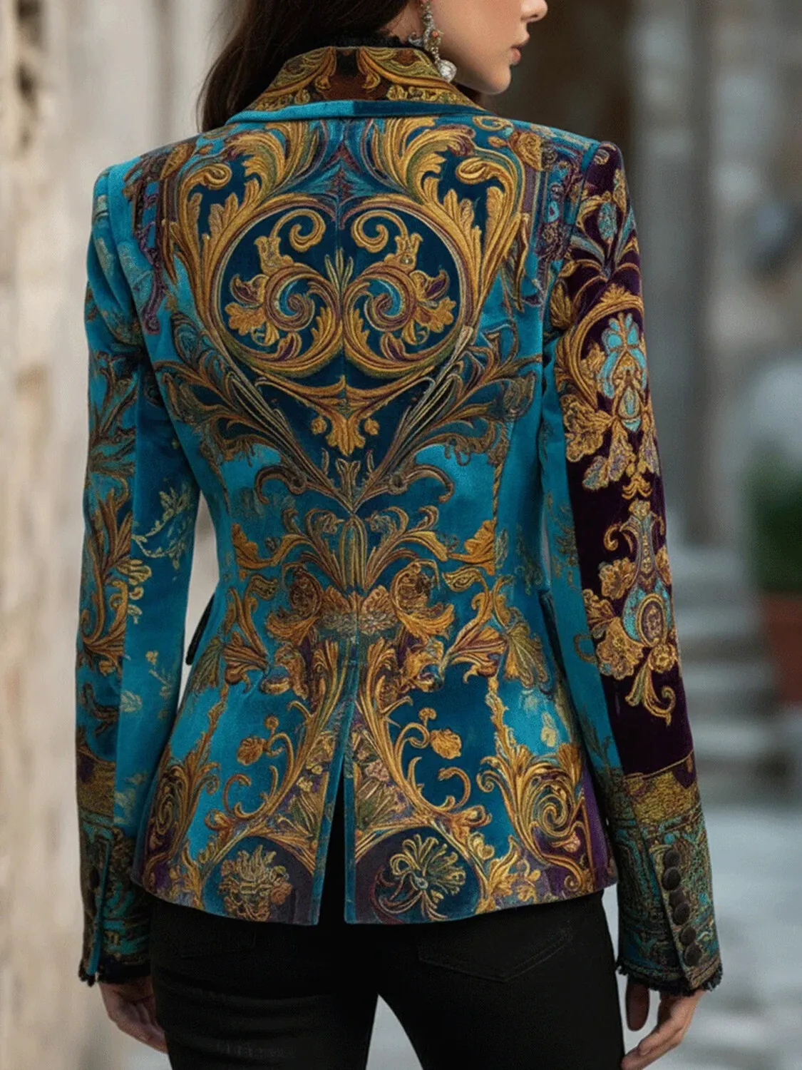 Vintage Peacock Blue Gilded Baroque Velvet Blazer, Contrast Purple Palace Floral Waist-Cinched Slim Oil Print Suit Jacket