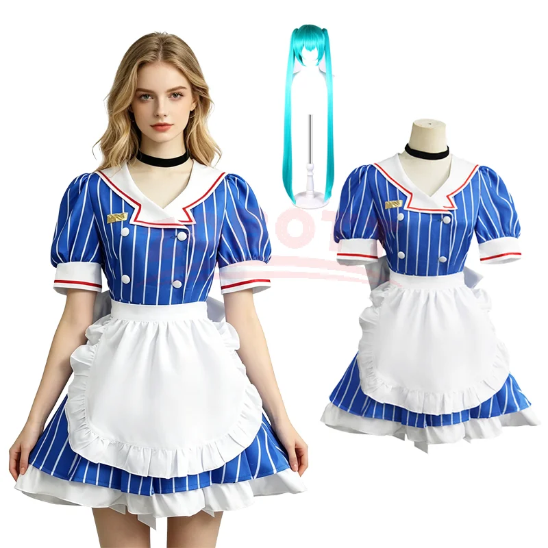 Costumes de cosplay Mesmerizer, perruque, uniforme d'anime, robe de femme de chambre rayée, chapeau, tablier, costume pour Halloween, Noël, carnaval, fête