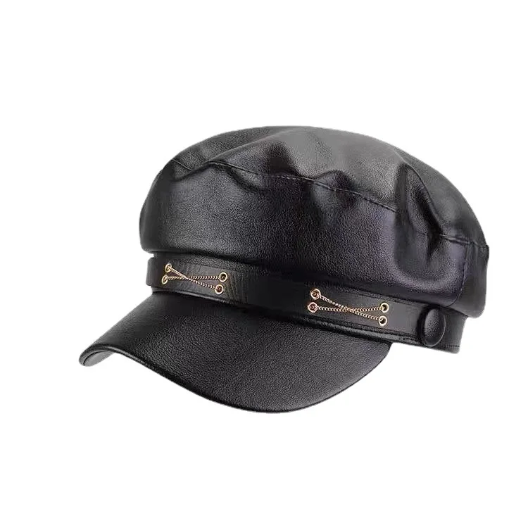 Women\'s Retro Beret Fashion Black Leather Cap Fashion Leisure Octagonal Hat Summer Painter Hat Street Newsboy Cap