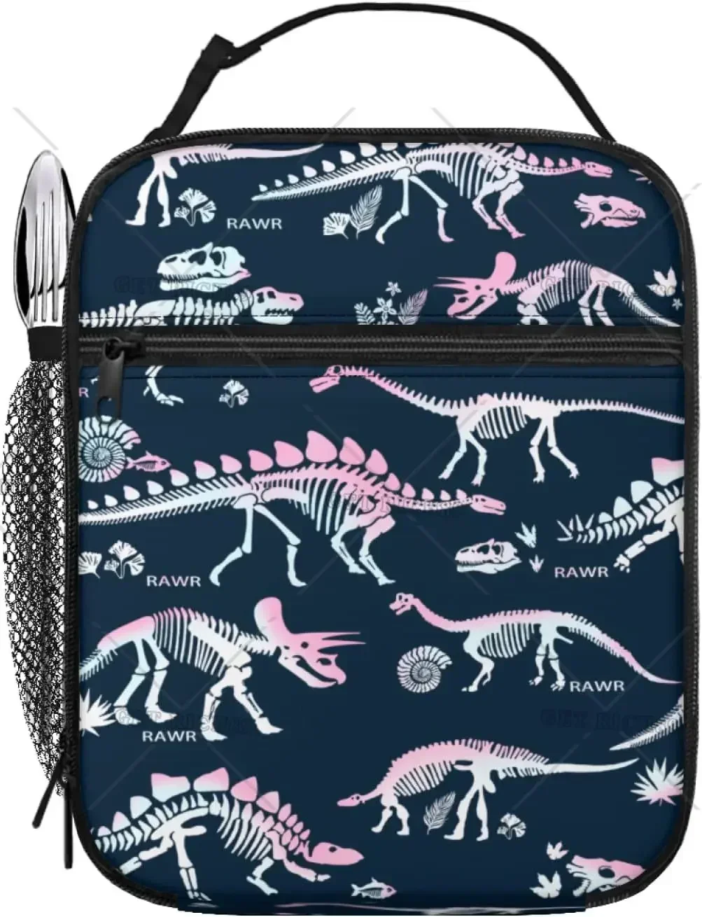 Colorful Dinosaurs Skeleton Insulated Lunch Bag Reusable Black Lunch Box Cooler Tote Lunchbag for Kids Teens Adult Work Picnic