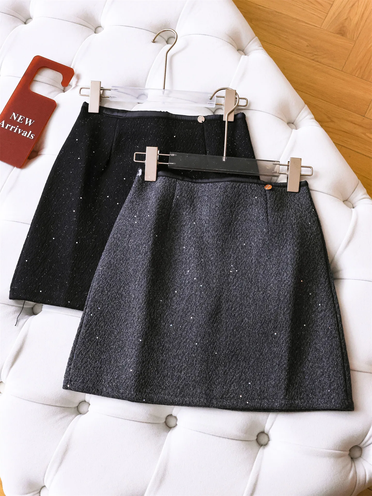 Shiny Sequin A-Line  Skirt Suit Heavy Embroidery High Waist Women's Winter New Woolen Half-length Skirt Q085