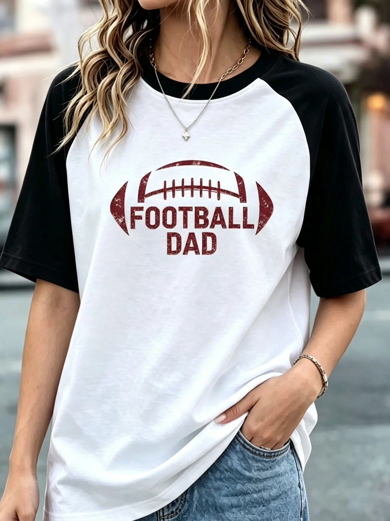 Football Dad Vintage Distressed Graphic Raglan T-Shirt, Women Color Block Short Sleeve Game Day Baseball Tee