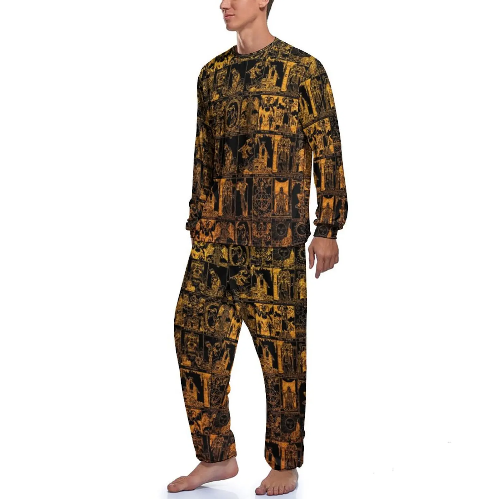 Gold And Black Tarot Print Pajamas Men Major Arcana Fashion Home Suit Autumn Long Sleeve 2 Piece Leisure Graphic Pajama Sets