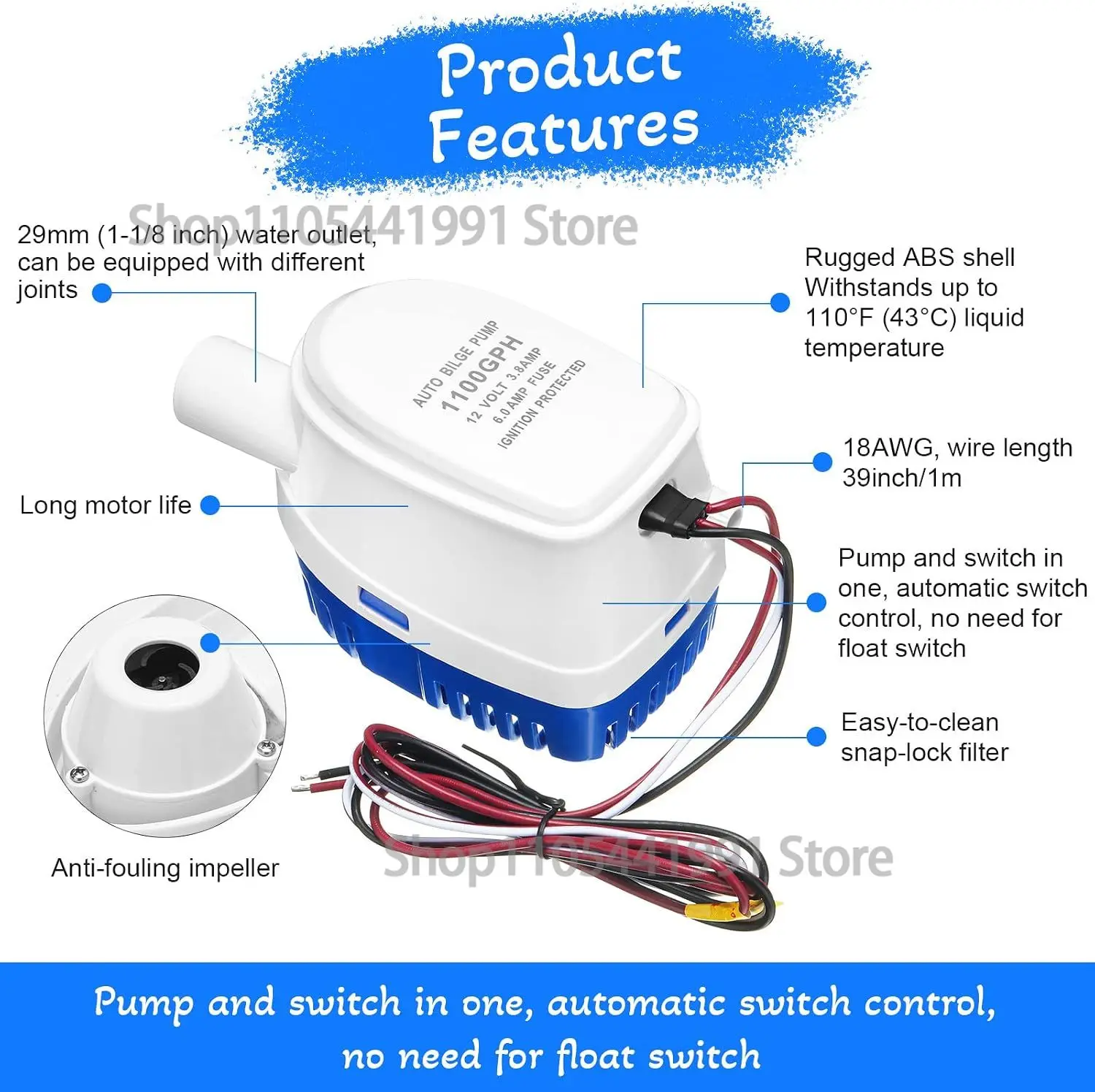 Automatic Bilge Pumps for Caravan RV Boats 1100gph Outlet Submersible Boat Bilge Water Pump with Float Switch for Pond Pool Spa