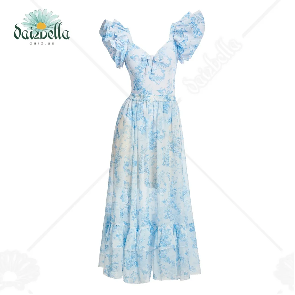 Daizbella Women's One Piece Swimsuits 90'S Vintage Flared Sleeves Floral Tummy Control Bathing Suit with Chiffon Cover-up Skirt