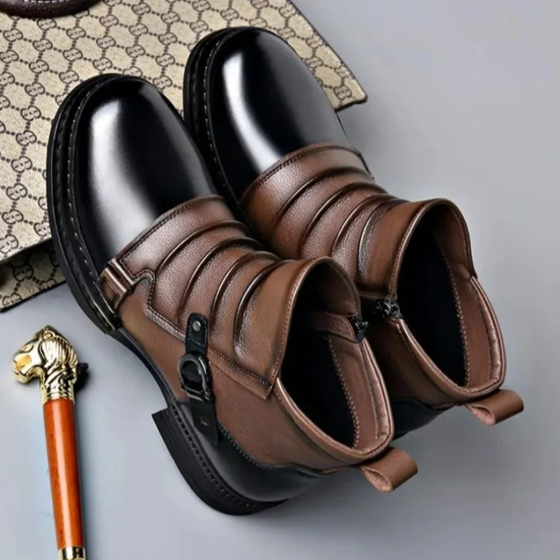 Fashion Motorcycle Boots Winter Plush Warm Cotton Boots Genuine Leather Men's Boots Men Chelsea Boot Retro British Ankle Booies