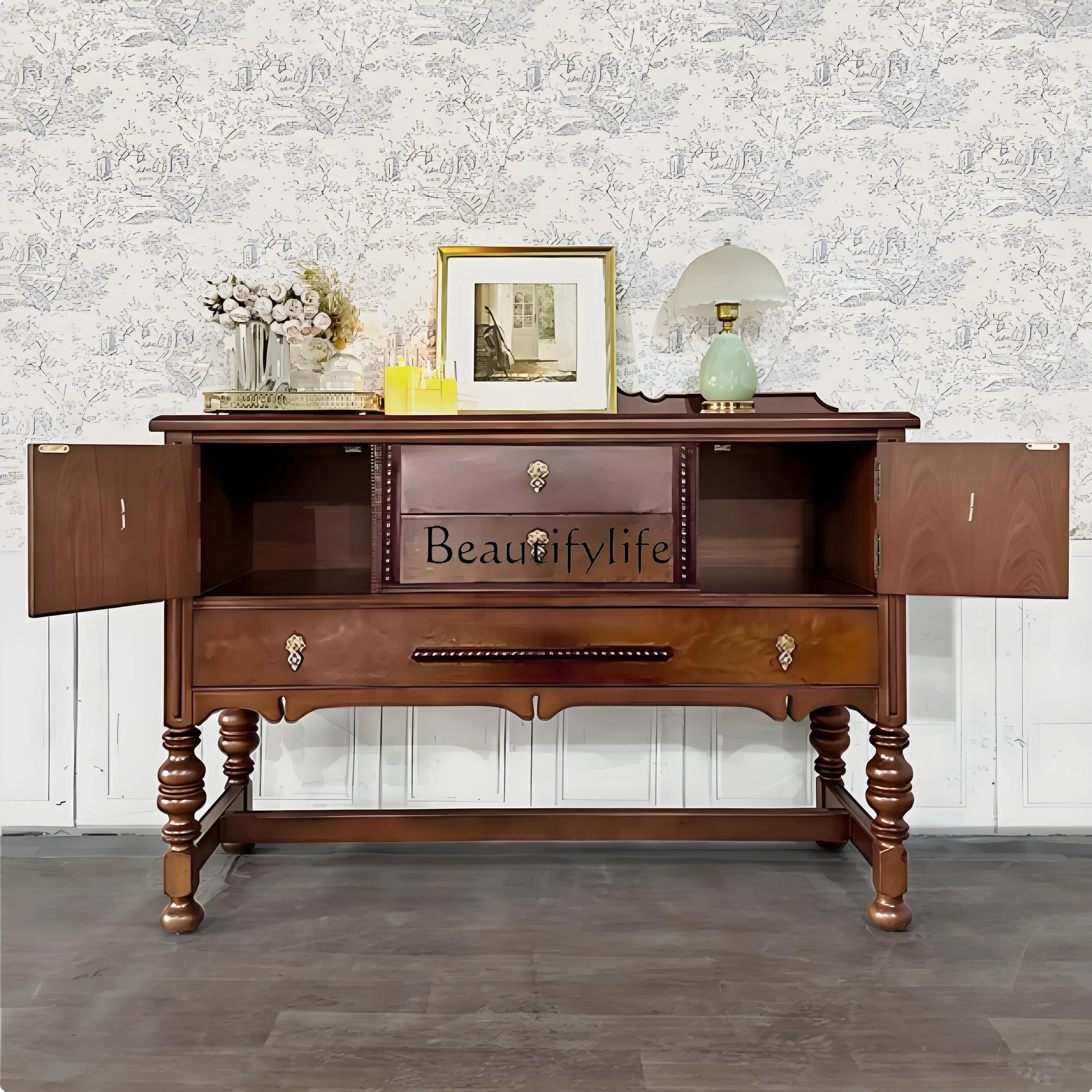 

yj39 French Retro Solid Wood Entryway Wall-Mounted Sideboard Living Room High-End Carved Roman Column Light Luxury Sideboard