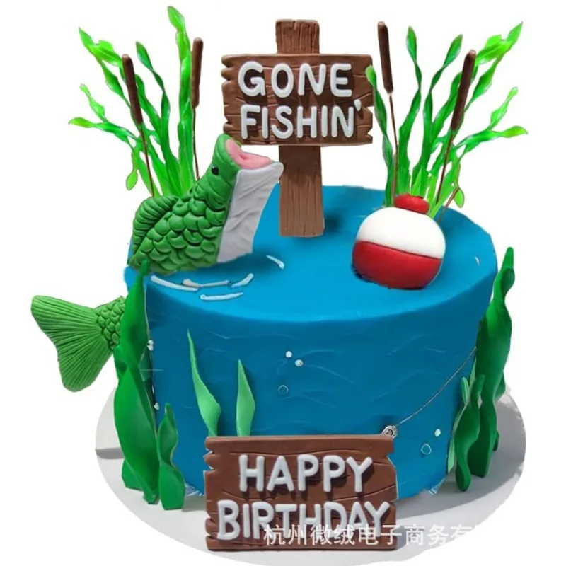 Fishing Cake Topper Gone Fishing Cake With Bass Reed Happy Birthday Sign Ball Fisherman DIY Cake Decoration Set Baking Supplies