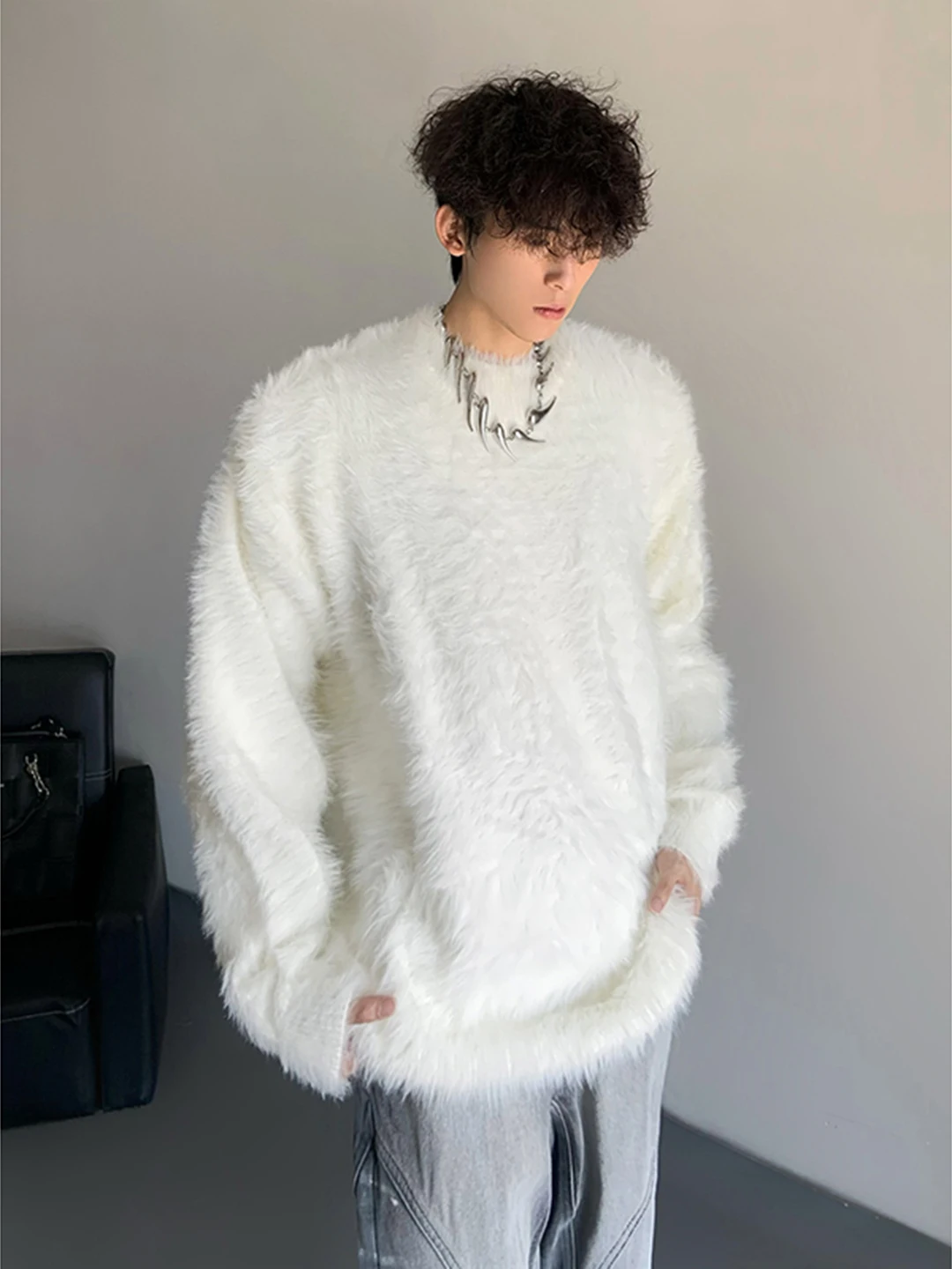 

Белый мужской вязаный свитер с круглым вырезом, имитация меха норки, осенне-зимний, приталенный, в американском повседневном стиле