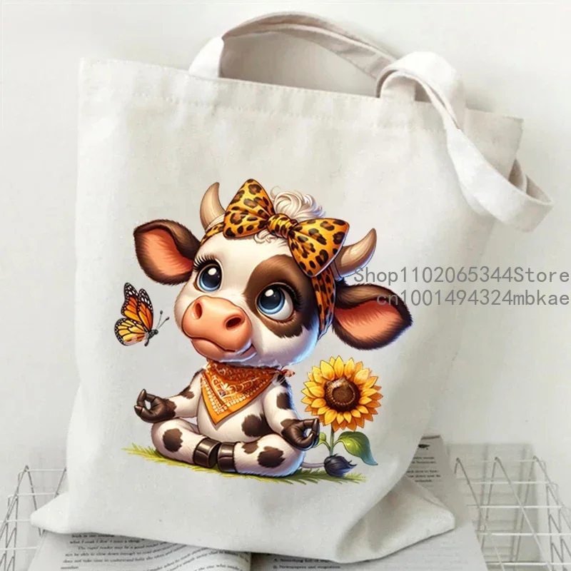 Canvas Tote Bag Cow Leopard Bow Pattern Women Handbags Dairy Cattle Sunflower Shoulder Tote Bag Cartoon Animal Teen Canvas Bags