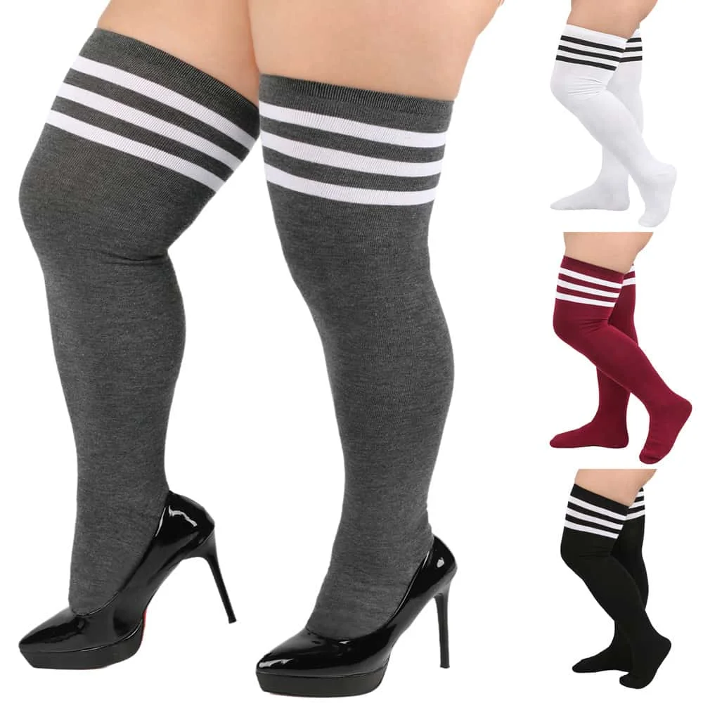 NEWJOINFUN Kaus Kaki Setinggi Paha Hitam Putih Bergaris Musim Dingin Kaus Kaki Panjang Di Atas Lutut Stoking Tebal Penghangat Kaki untuk Wanita Ukuran Besar 3XXXL