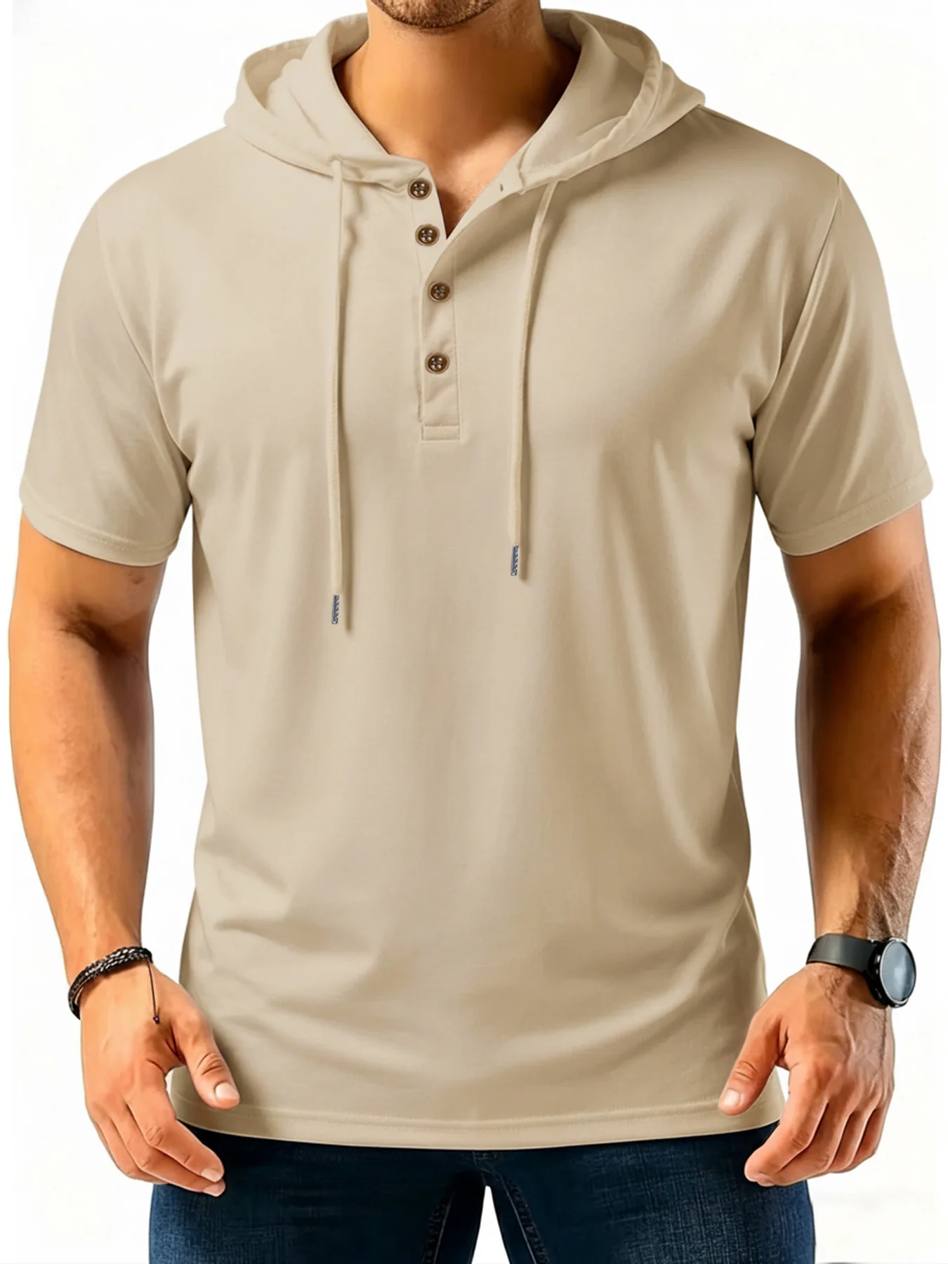 Summer Men's Casual Hoodie Short Sleeve V Neck with Buttons Drawstring Hoody Solid Khaki Breathable Social Tee Men