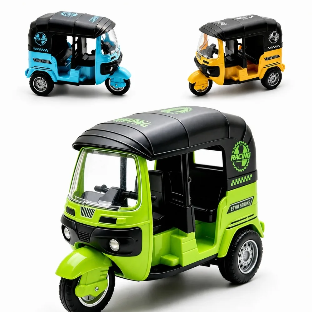 Pull Back Tuk Tuk Rickshaw Toy Three-Wheeled Taxi Model Vehicle for Kids Children, Random Color and Style