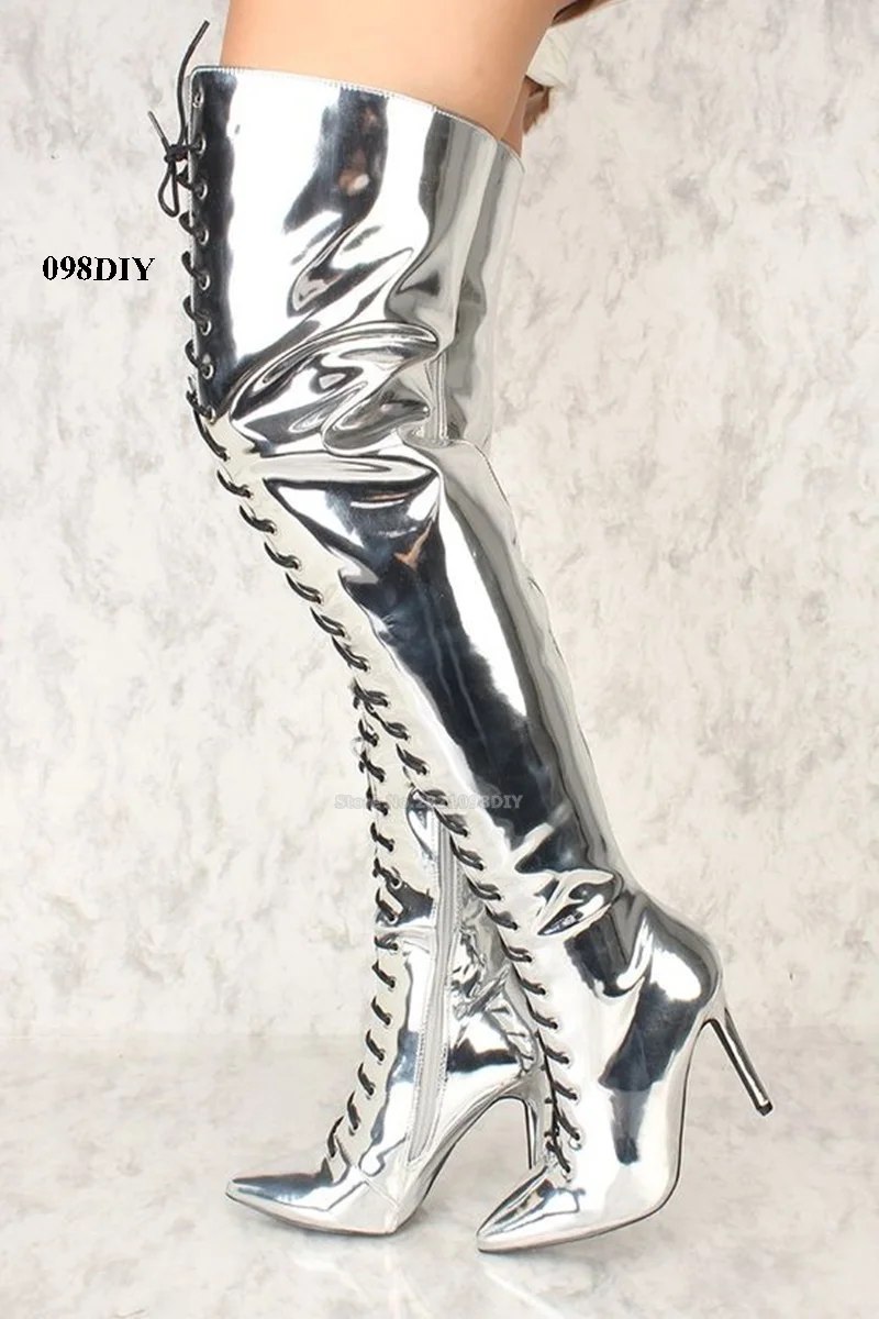 

Unique Mirror Leather Silver Gold Pointed Toe High Heel Thigh High Boots Patent Cross Tied Over The Knee Stiletto Shoes