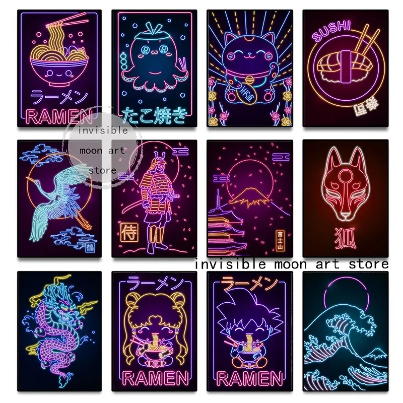 Lebendiger neonischer japanischer Oktopus mit Berg Fuji Sakura Baum Ramen und Maneki Katze Kunst Poster Leinwand Malerei Wanddruck Bild fo