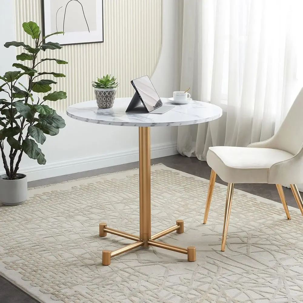 

Mid-Century Modern White Marble-Look Round Dining Table, Golden Legs, Seats 2-4 for Small Dining Spaces