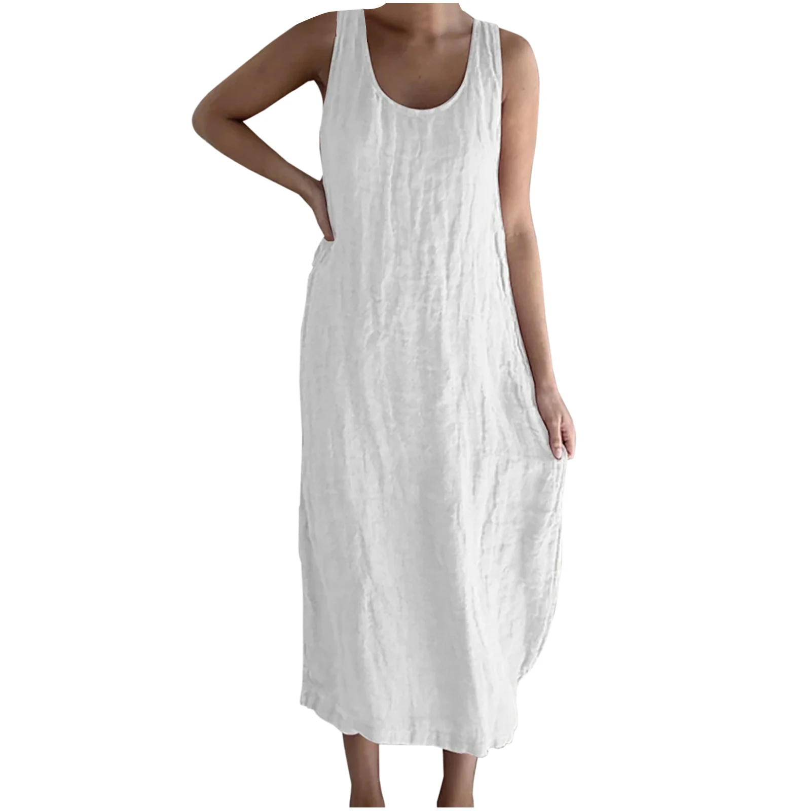 Sleeveless round-neck summer cotton and linen casual loose dress women's pocket