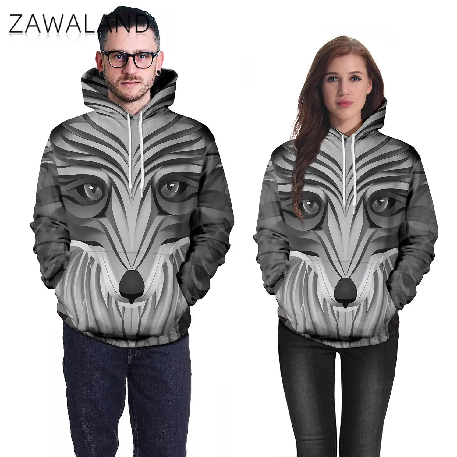 

Zawaland Hoodies couple Clothing Sweatshirts Cosplay Wolf Fox Streetwear Carnival Party Animal Printed Hood Pullover Costumes