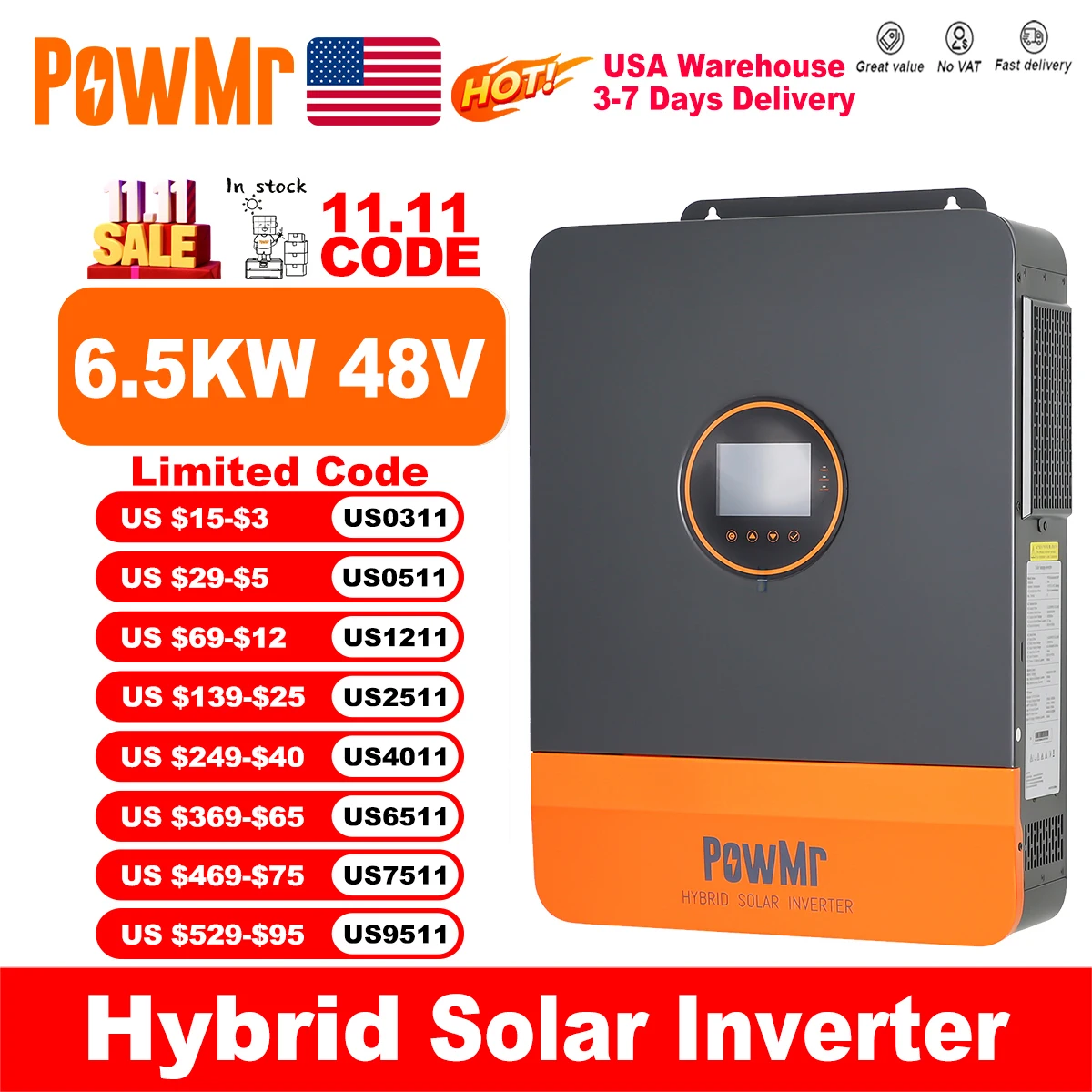 

Гибридные солнечные инверторы PowMr USA 6,5 кВт от 48 В постоянного тока до 110 В переменного тока, однофазный выход с разделенным фазовым выходом 220 В переменного тока с зарядным устройством MPPT 140 А PV 550 В постоянного тока