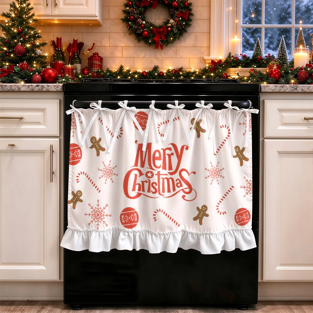 1PC lace up kitchen curtain, ruffled hem, 2D flat Gingerbread Snowman pattern, cabinet cover curtain, Christmas home decoration