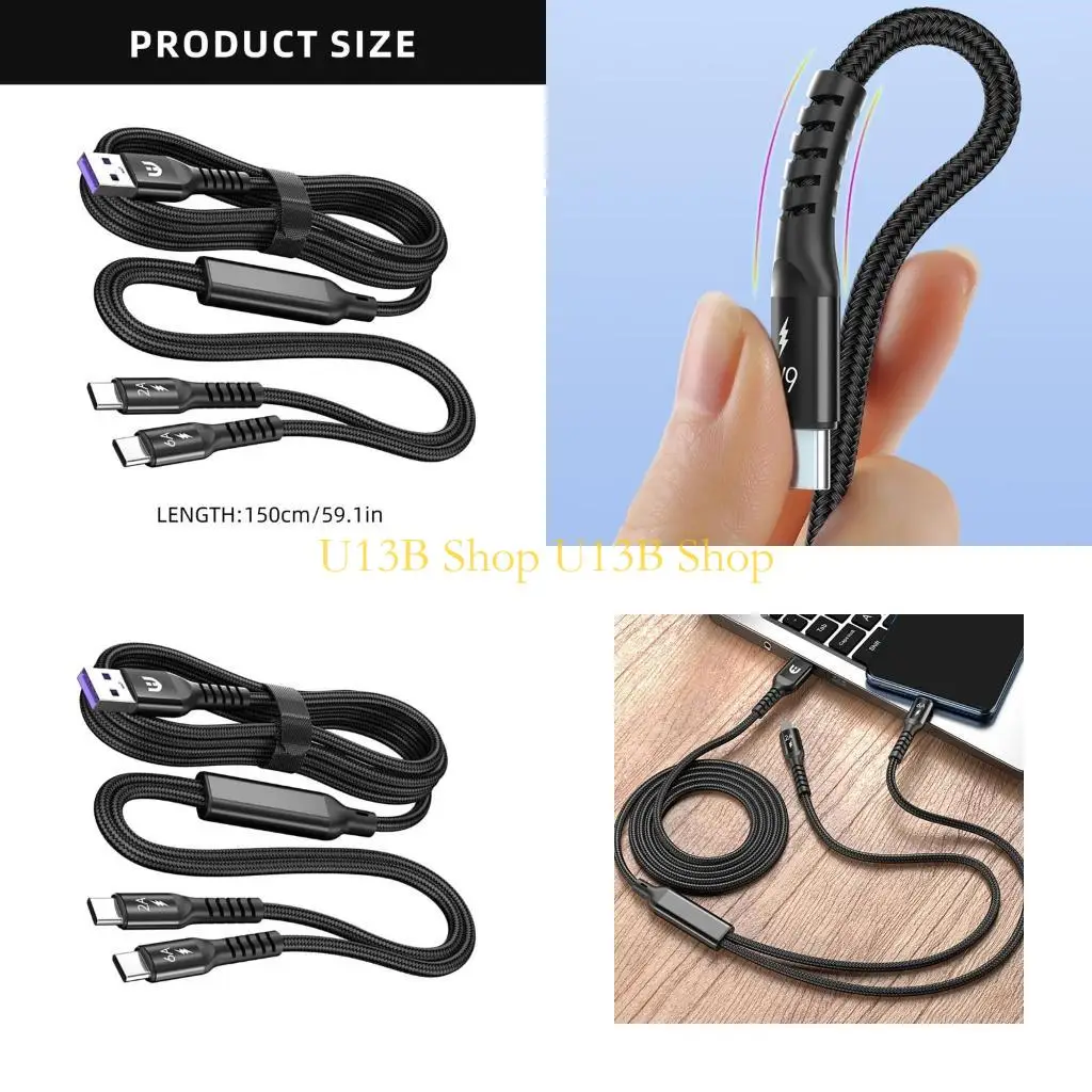 U13B 다중 충전 케이블 USB에서 USB C 충전기 케이블 2 in 1 다중 충전 코드 타입 C 커넥터가있는 다중 충전 코드