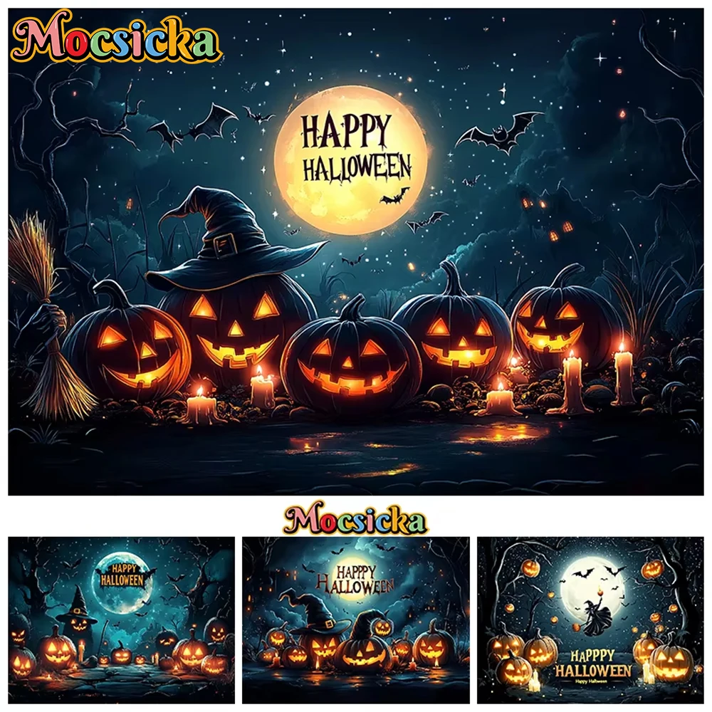

Mocsicka Happy Halloween Background For Photography Jack-O-Lanterns Party Backdrop Night Moon Bat Wizard Pumpkin Decor Photocall