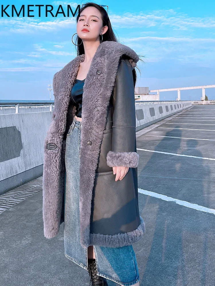 天然ウールシープスキン両面ファーコート レディース ロング リバーシブル 本物の毛皮コート フード付き 冬服 2025 abrigos